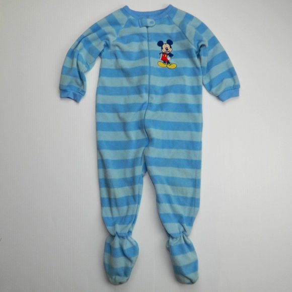 2T Blue Striped Fleece Mickey Mouse Footed Pajamas